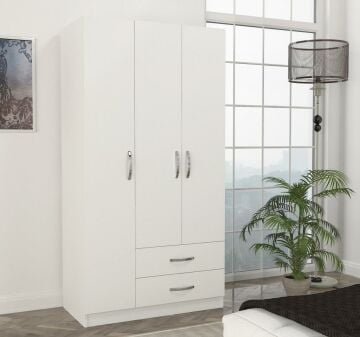 Dekorister Diva 3 Kapaklı 2 Çekmeceli Gardrop BEYAZ