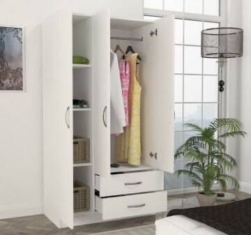 Dekorister Diva 3 Kapaklı 2 Çekmeceli Gardrop BEYAZ