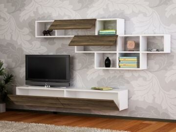 Dekorister Aristo Duvar Raflı Tv ünitesi Beyaz-Ceviz