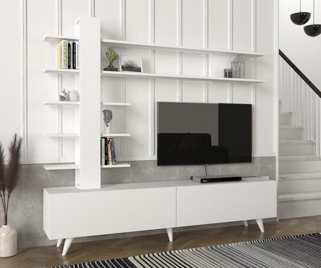 Dekorister Aleyna Duvar Raflı Kitaplıklı Tv Ünitesi Beyaz