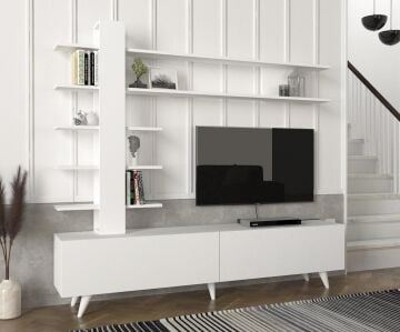 Dekorister Aleyna Duvar Raflı Kitaplıklı Tv Ünitesi Beyaz