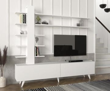 Dekorister Aleyna Duvar Raflı Kitaplıklı Tv Ünitesi Beyaz