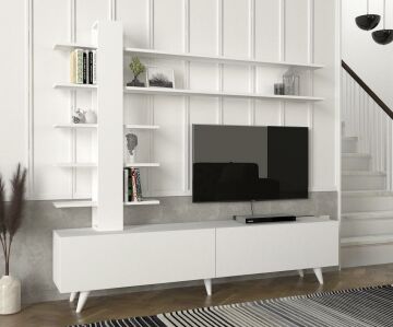Dekorister Aleyna Duvar Raflı Kitaplıklı Tv Ünitesi Beyaz