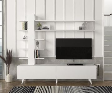 Dekorister Aleyna Duvar Raflı Kitaplıklı Tv Ünitesi Beyaz
