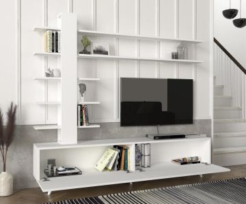Dekorister Aleyna Duvar Raflı Kitaplıklı Tv Ünitesi Beyaz