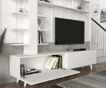 Dekorister Aleyna Duvar Raflı Kitaplıklı Tv Ünitesi Beyaz