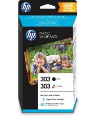 HP 303 PVP BK CMY Mürekkep Kartuş + 40 sayfa HP Advanced 10x15 Fotoğraf Kağıdı