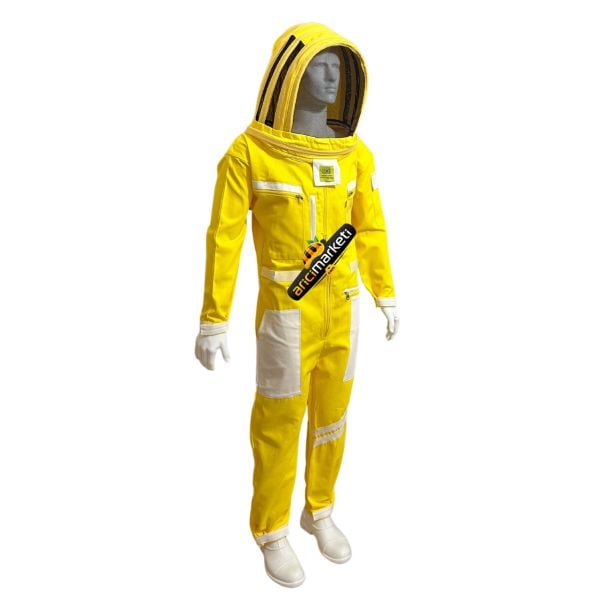 Oval Başlıklı Astronot Tipi  Tam Boy Arıcı Tulum Maske - Kol ve Paçaları Daraltmalı - 7 Cepli - Sarı