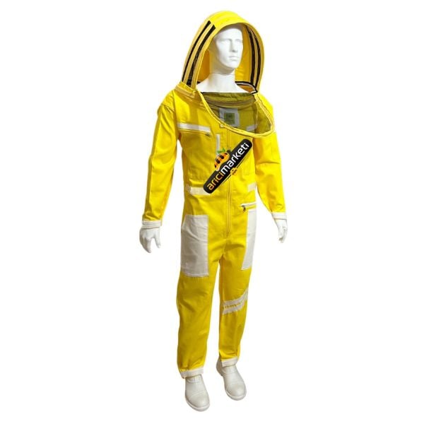 Oval Başlıklı Astronot Tipi  Tam Boy Arıcı Tulum Maske - Kol ve Paçaları Daraltmalı - 7 Cepli - Sarı