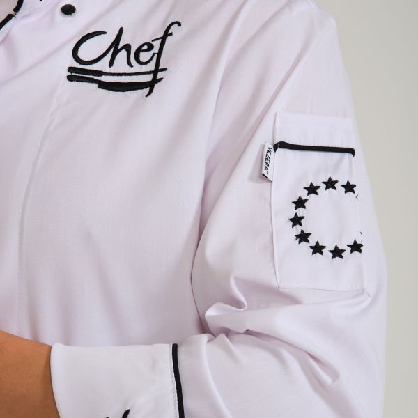 Beyaz Siyah Chef Nakışlı Likralı Aşçı Ceketi