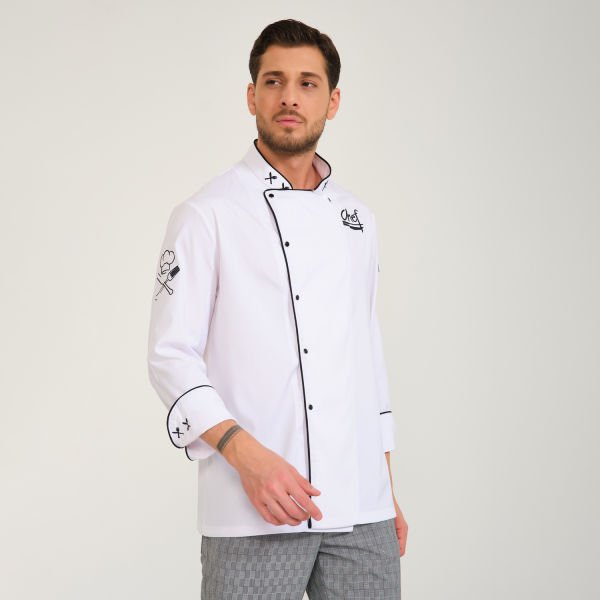 Beyaz Siyah Chef Nakışlı Likralı Aşçı Ceketi