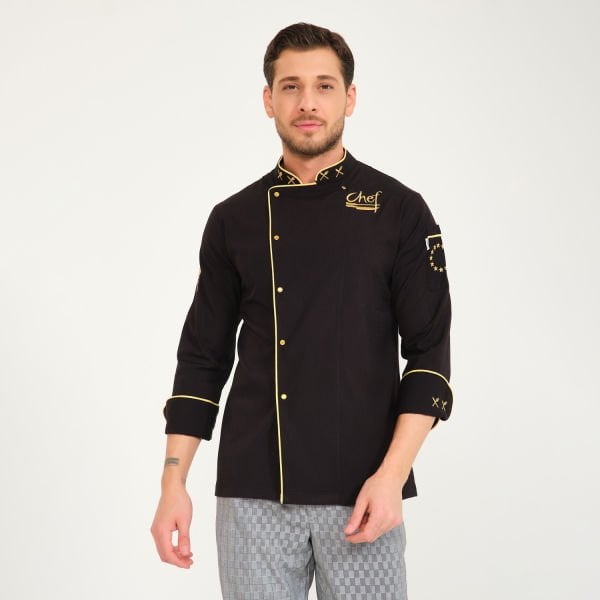Siyah Altın Varak Chef Likralı Aşçı Ceketi
