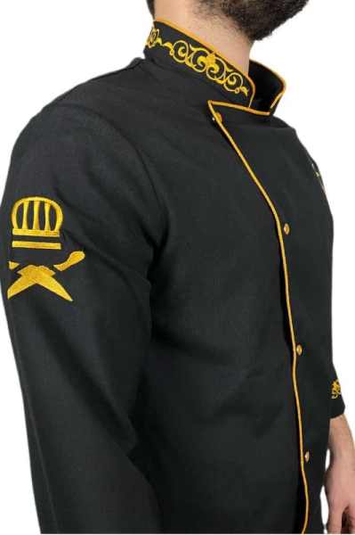 Siyah Altın Varak Lale Motif Likralı Aşçı Ceketi