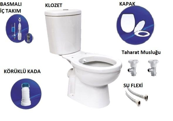 Karmen Arkadan Çıkışlı Klozet ve Su Rezervuarı İç Takım, Kapak. Kada. Taharat Musluğu ve Flex