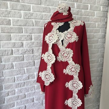 Dantelli Namaz Elbisesi&Başörtüsü | Bordo&Gold