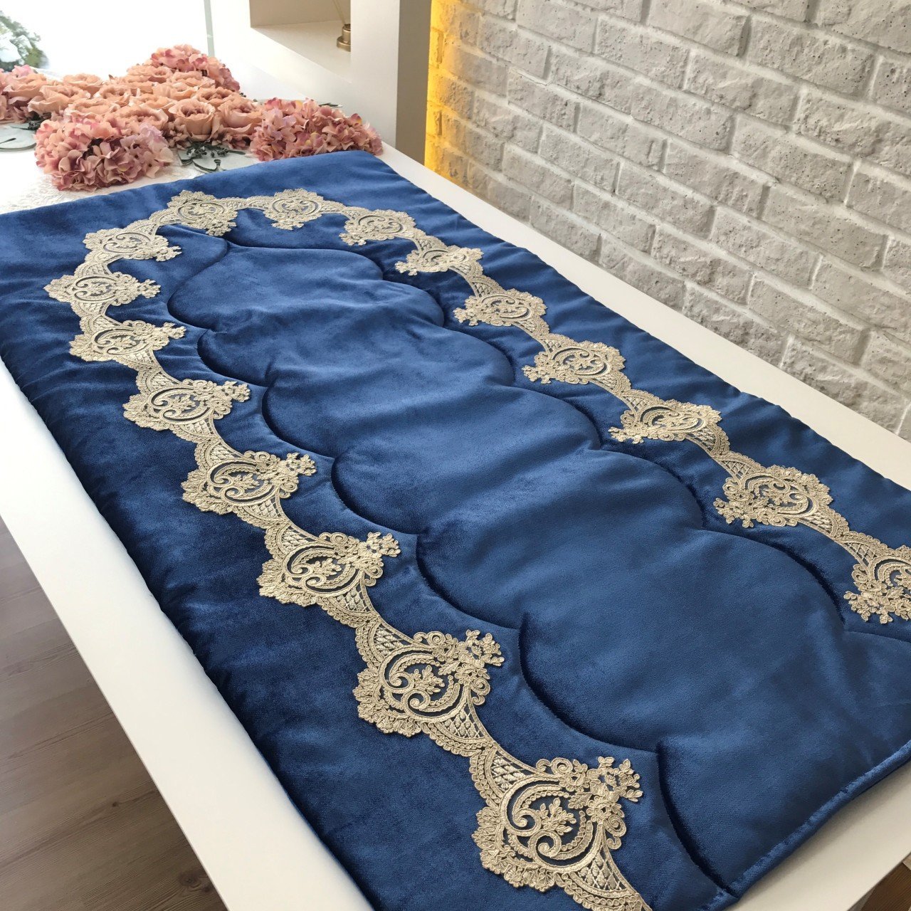 Fransız Dantelli Seccade | Gece Mavisi&Gold