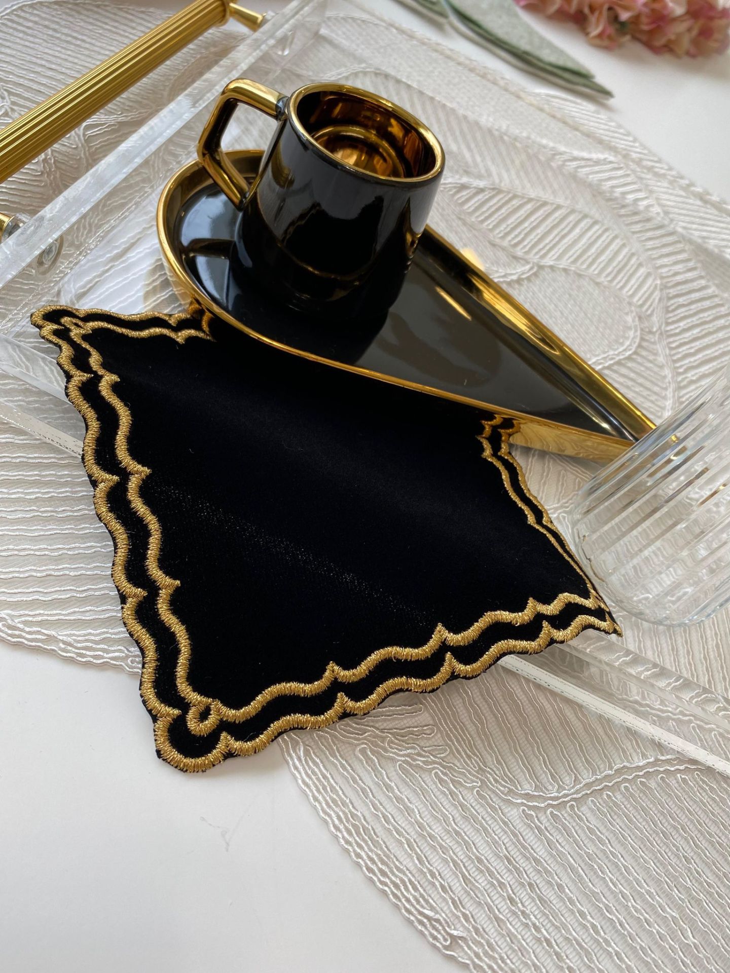 2’li Kadife Kokteyl Peçetesi | Siyah&Gold