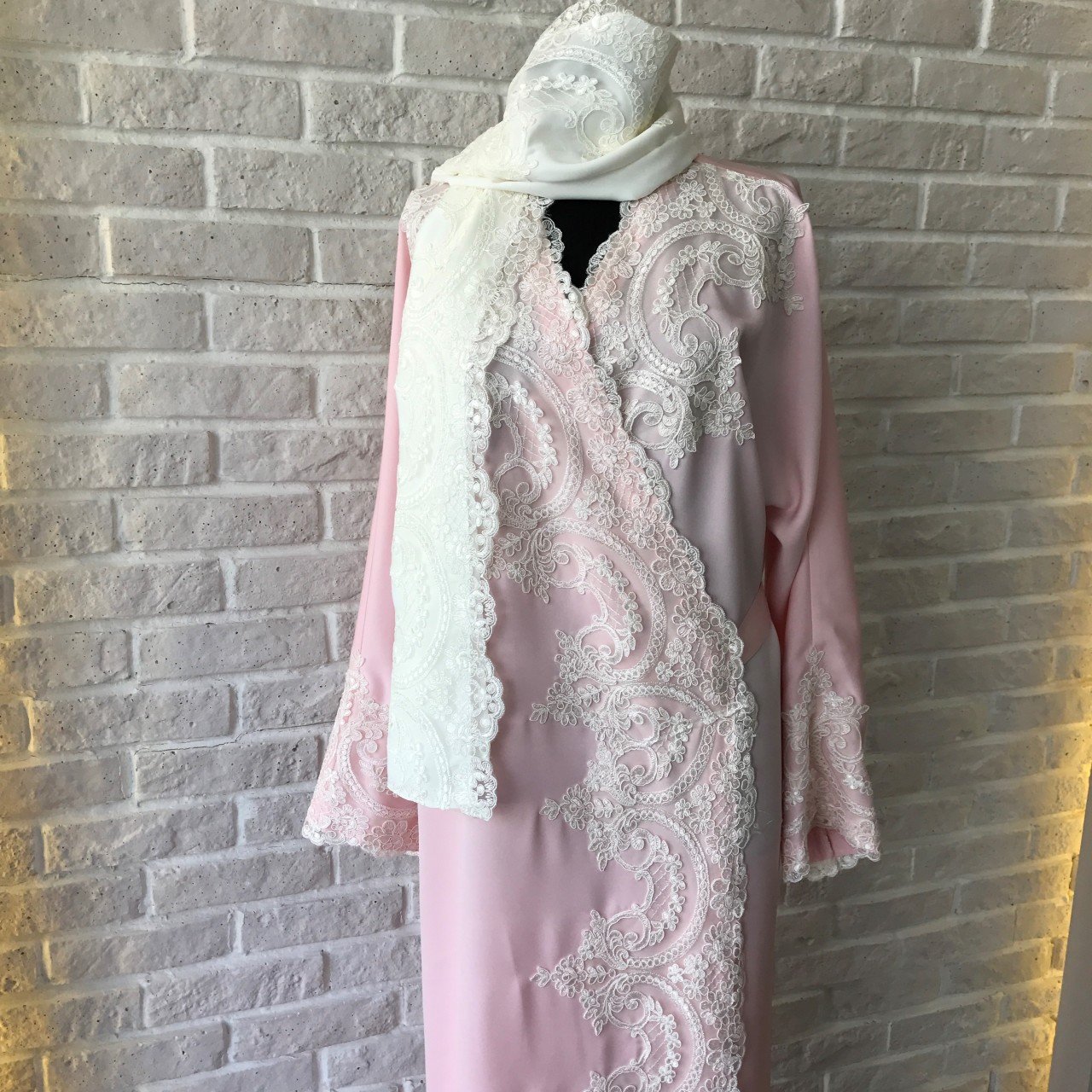 Dantelli Namaz Elbisesi&Başörtüsü | Toz Pembe&Ekru