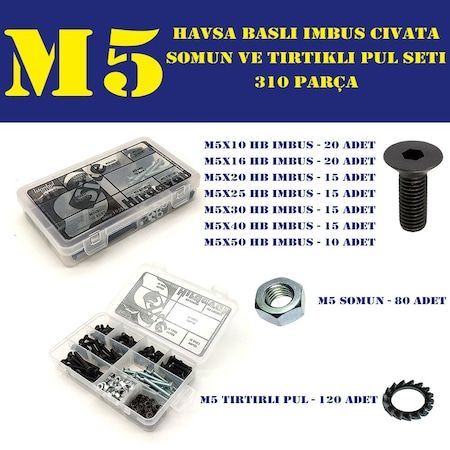 310 Parça M5 Havşa Baş Imbus Civata Somun ve Pul Seti