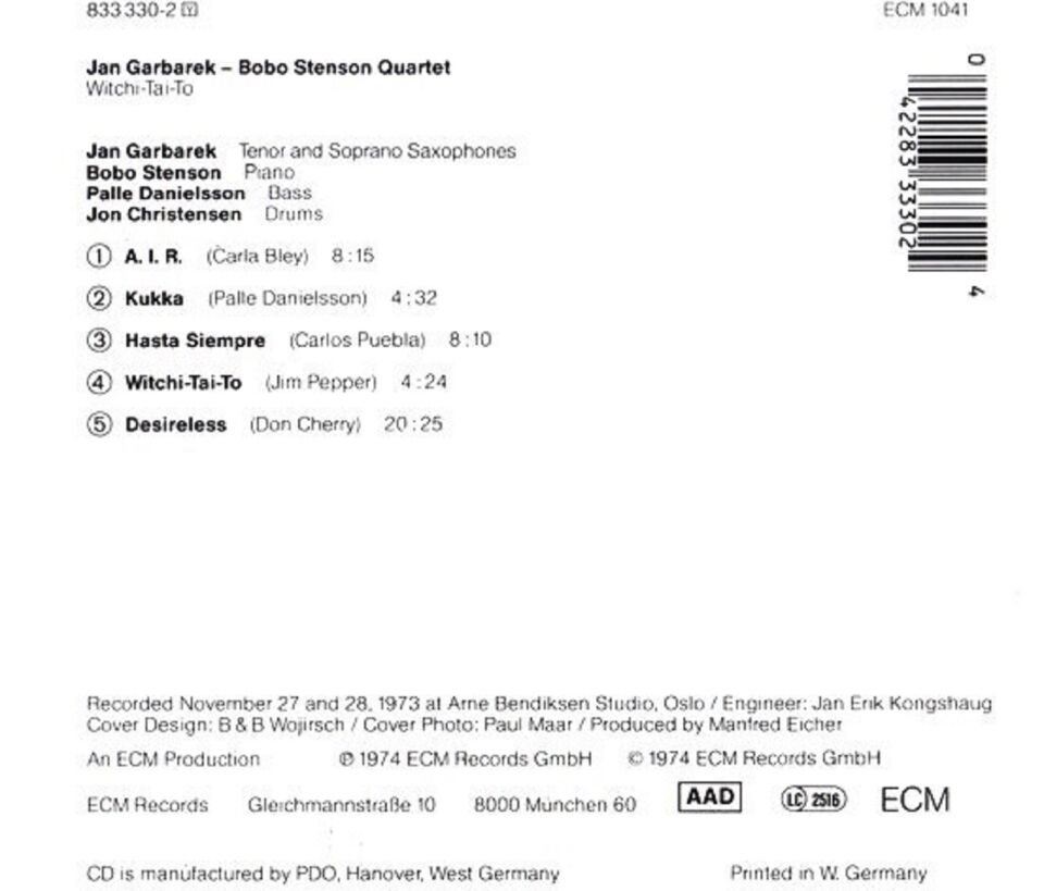 JAN GARBAREK & BOBO STENSON QUARTET - WITCHI TAI TO (CD) (1974)