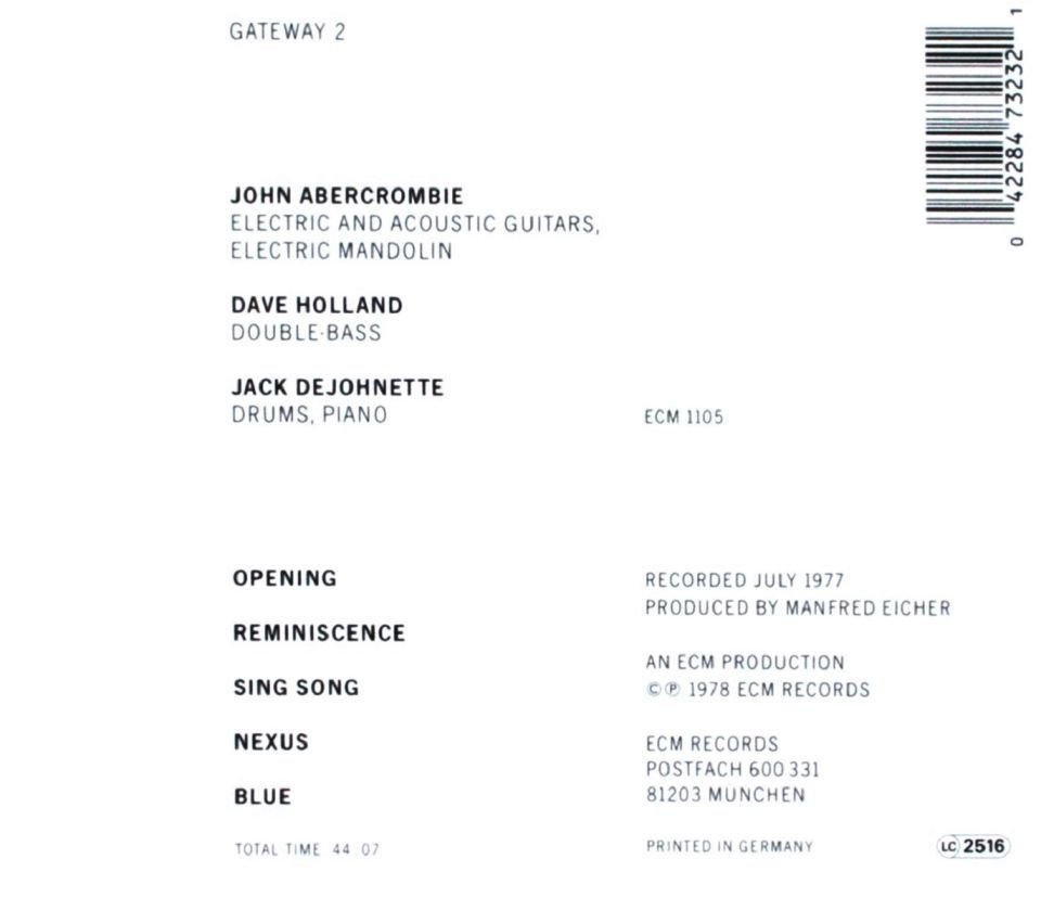 JOHN ABERCROMBIE & DAVE HOLLAND & JACK DEJOHNETTE - GATEWAY 2  (CD) (1978)
