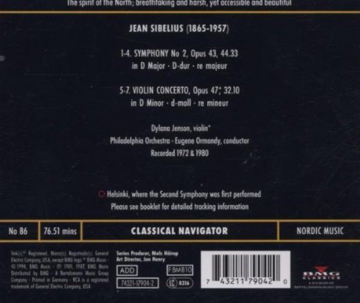 SIBELIUS - SYMPHONY NO.2 VIOLIN CONCERTO DYLANA JENSON, EUGENE ORMANDY PHILADELPHIA ORCHESTRA (CD) (1994)