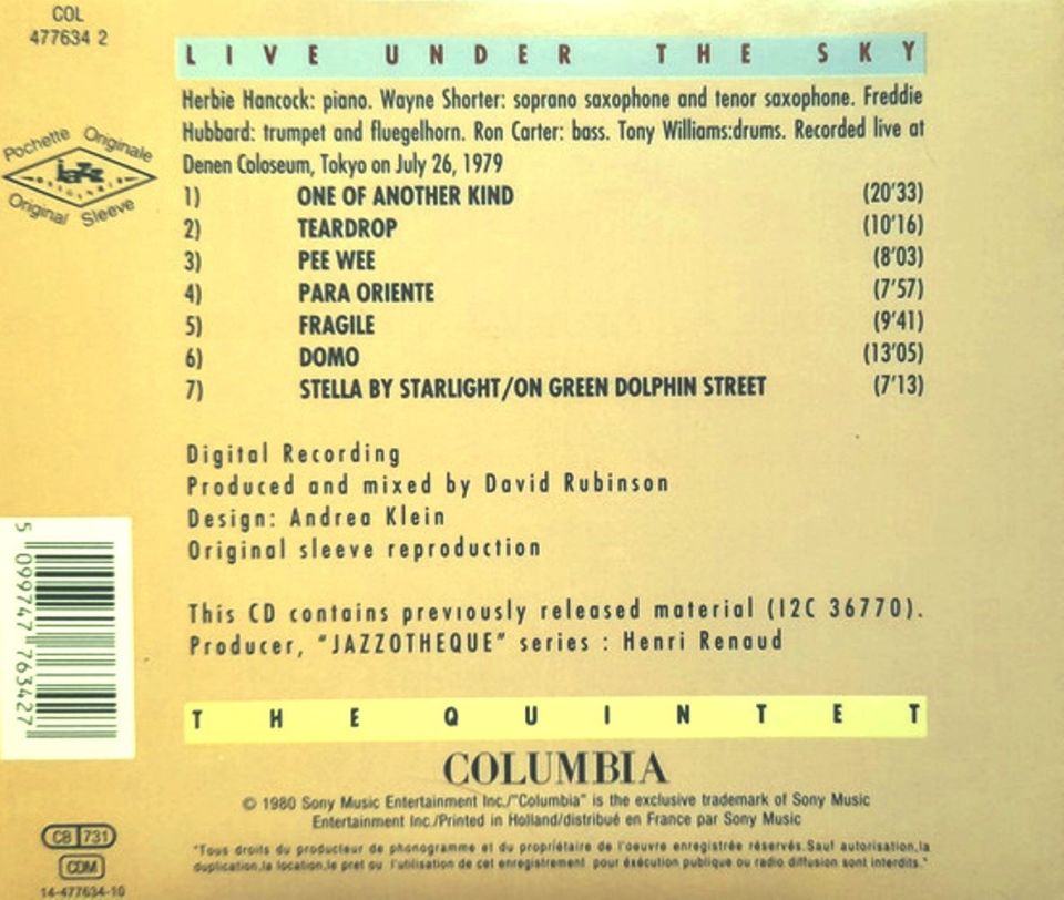 V.S.O.P.  THE QUINTET - LIVE UNDER THE SKY (HERBIE HANCOCK, WAYNE SHORTER, FREDDIE HUBBARD, RON CARTER, TONY WILLIAMS) (CD) (1980)