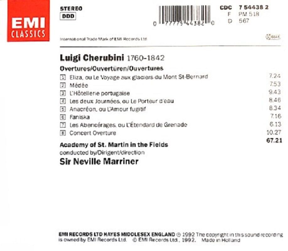CHERUBINI - OVERTURES ACEDEMY OF ST. MARTIN IN THE FIELDS NEVILLE MARRINER (CD) (1992)