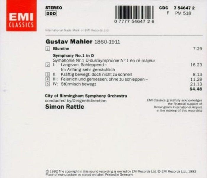 MAHLER - SYMPHONIE NO.1 CITYU OF BIRMINGHAM SIMON RATTLE (1992)