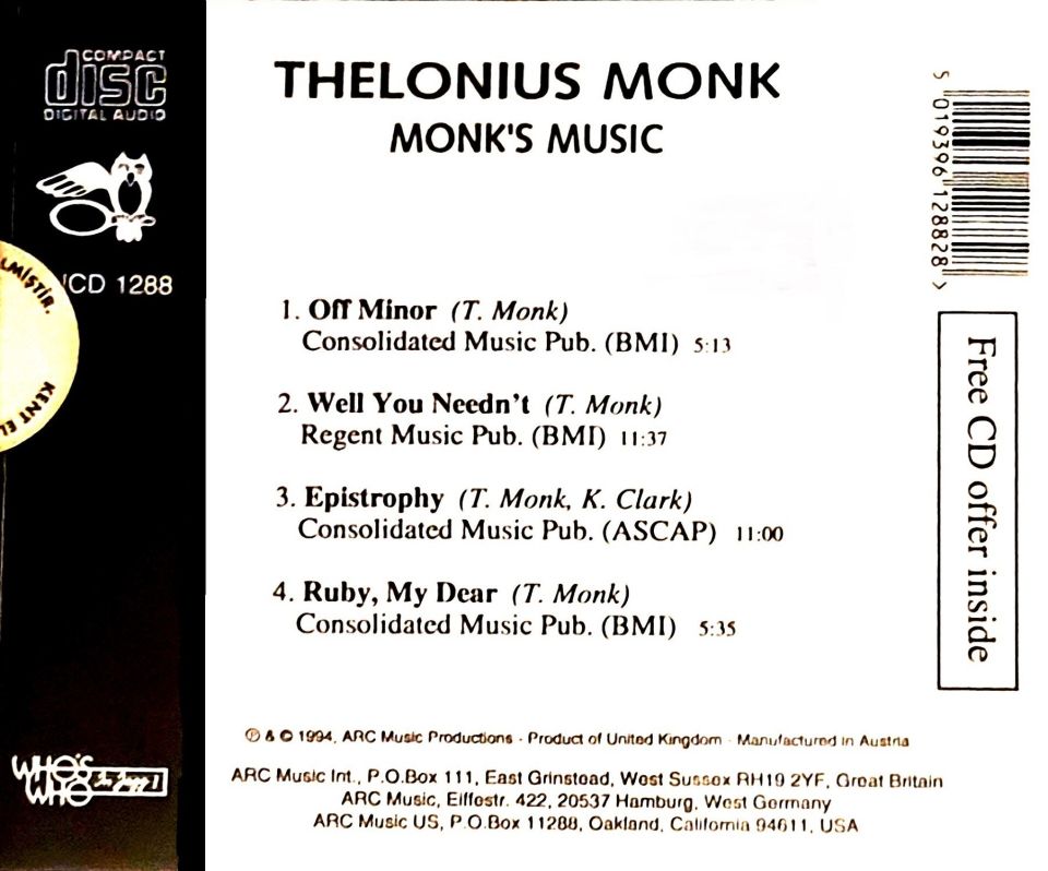 THELONIOUS MONK - MONK'S MUSIC (CD)(1994)