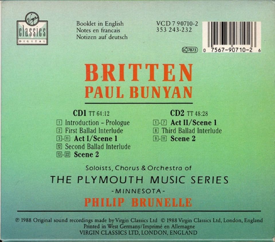 BRITTEN - PAUL BUNYAN SOLOIST CHORUS & ORCHESTRA OF THE PLYMOUTH MUSIC SERIES (2 CD) (1988)