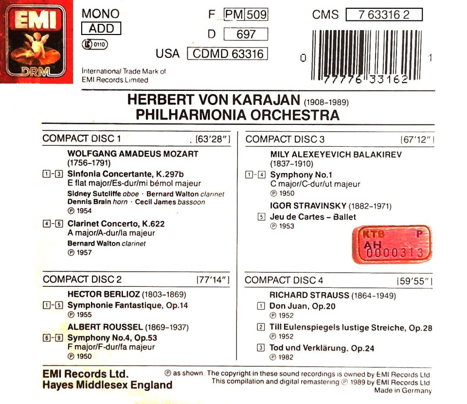 HERBERT VON KARAJAN - MOZART STRAVINSKY STRAUSS BERLIOZ ROUSSEL BALAKIREV (4 CD) (1989)