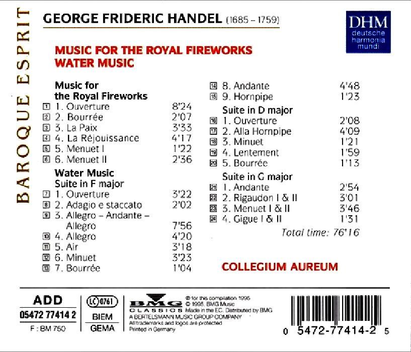 HANDEL - MUSIC FOR THE ROYAL FIREWORKS  WATER MUSIC  COLLEGIUM AUREUM (CD)(1995)