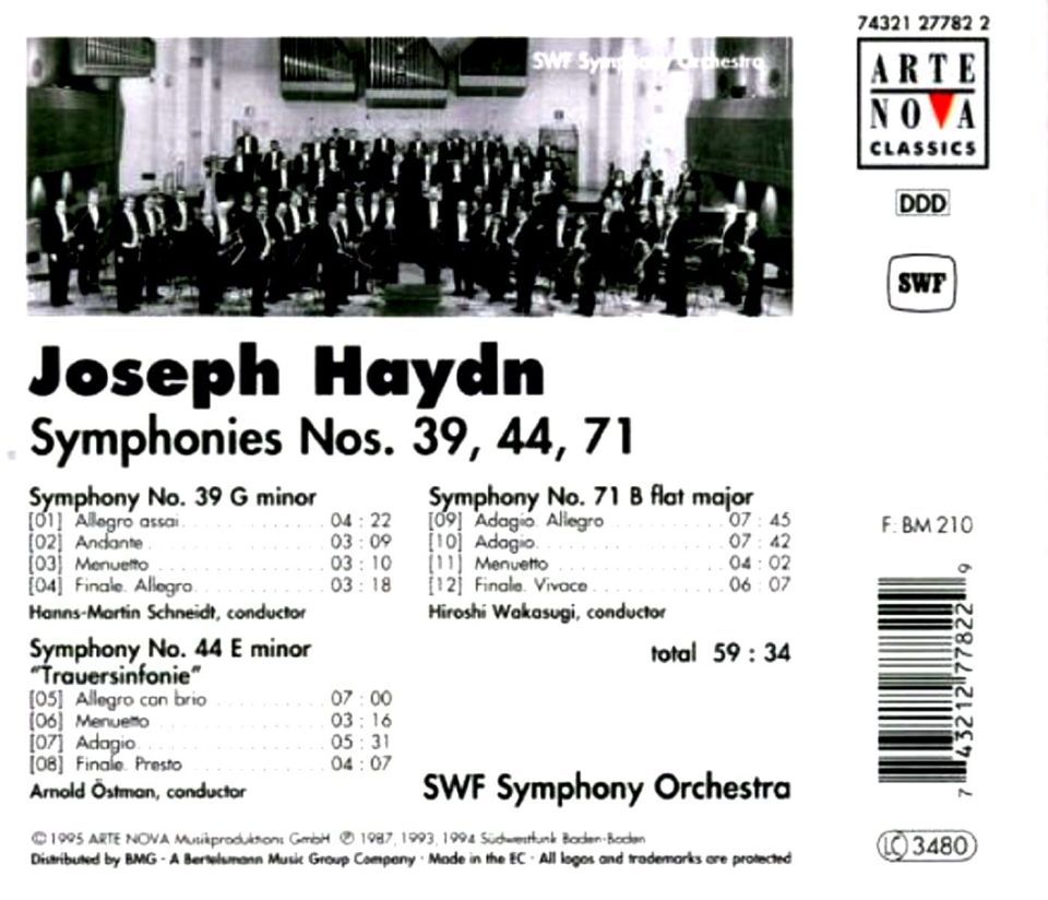HAYDN JOSEPH - SYMPHONIES NOS. 39, 44, 71 HANNS-MARTIN SCHNEIDT, ARNOLD ÖSTMAN, HIROSHI WAKASUGI (CD) (1995)