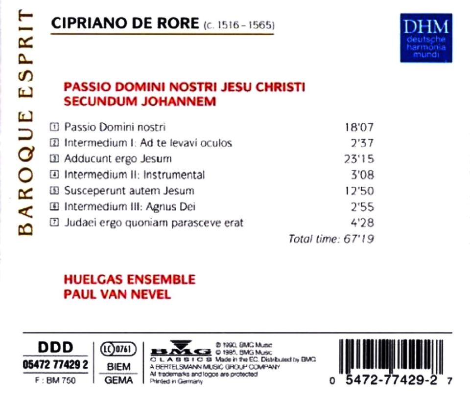 CIPRIANO DE RORE - JOHANNES PASSION (CD) (1995)