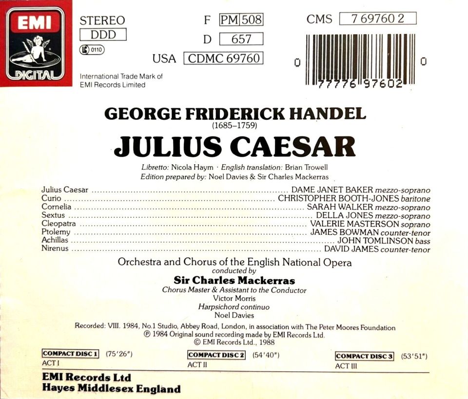 HANDEL - JULIUS CAESAR (IN ENGLISH) SIR CHARLES MACKERRAS (3 CD) (1988)
