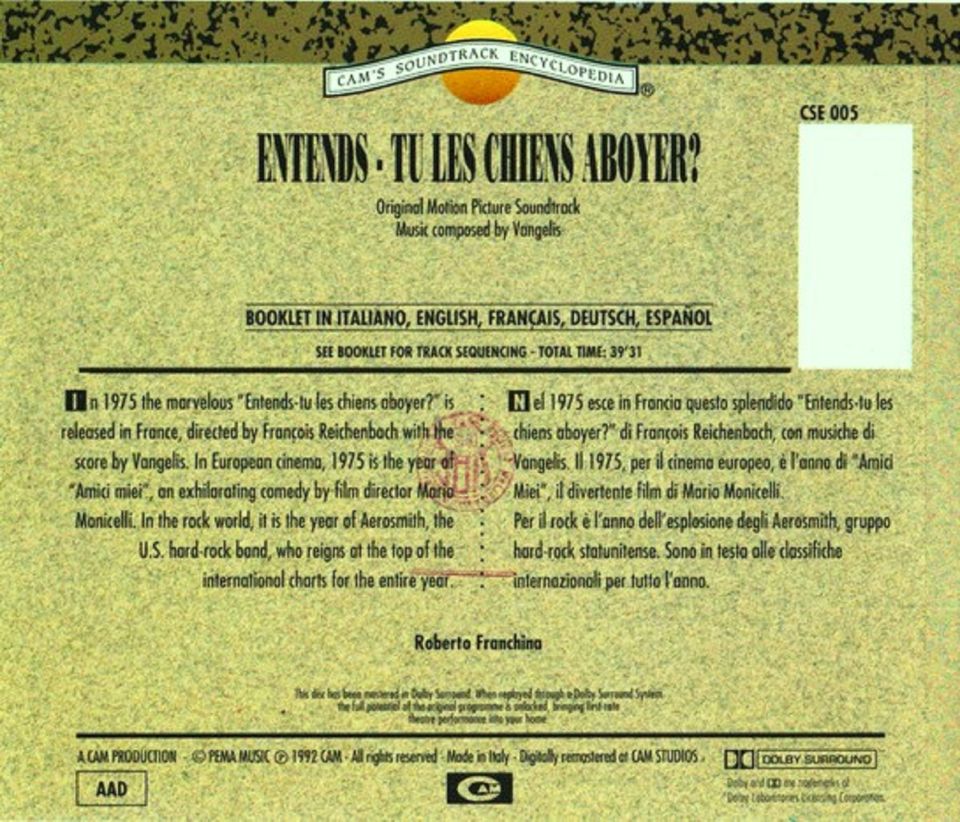 VANGELIS - ENTENDS TU LES CHIENS ABOYER (SOUNDTRACK/FILM MUZIGI) (CD) (1992)