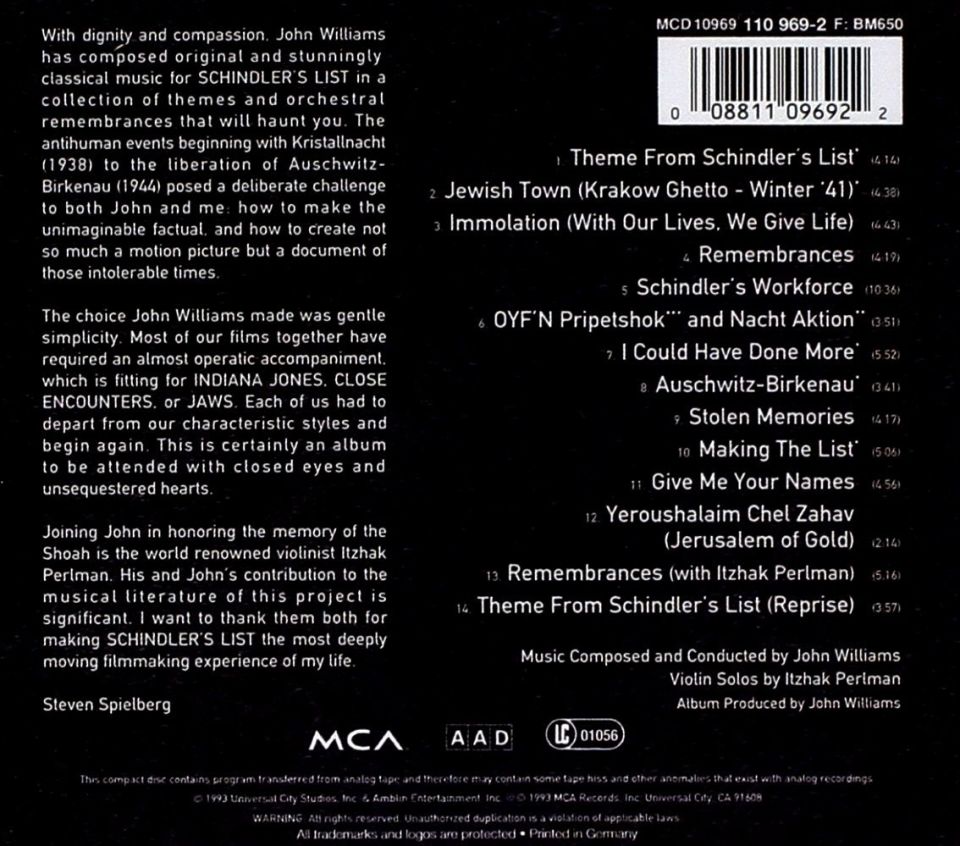 SCHINDLER'S LIST - SOUNDTRACK  (CD) (1993)