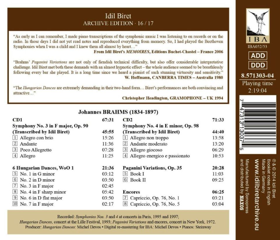 IDiL BiRET - BRAHMS: SYM. TRANSCRIPTIONS (ARCHIVE EDITION16-17)