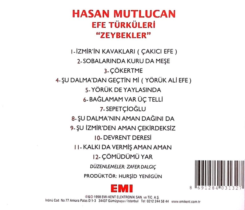HASAN MUTLUCAN - EFE TÜRKÜLERİ ''ZEYBEKLER'' (CD) (1998)