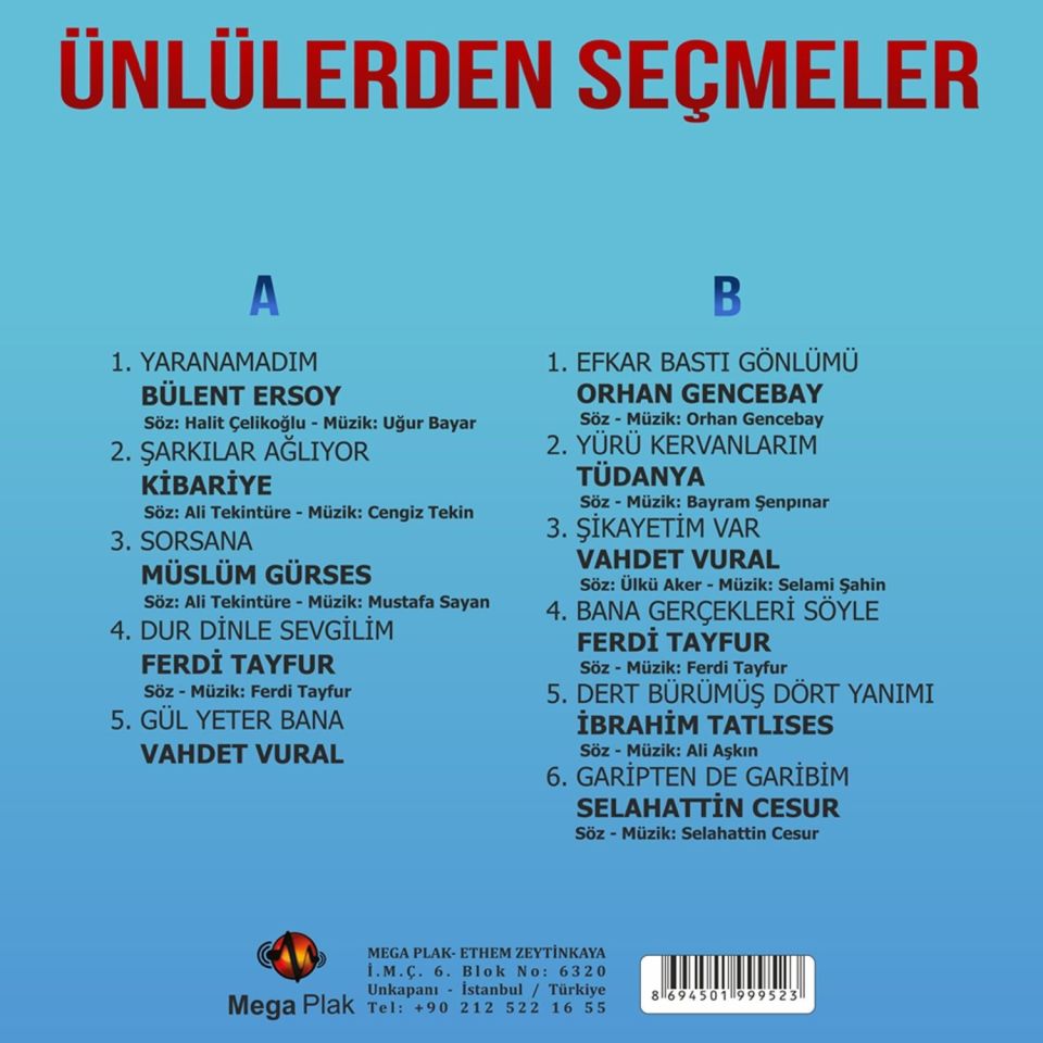 ÜNLÜLERDEN SEÇMELER - ÇEŞİTLİ SANATÇILAR (LP)