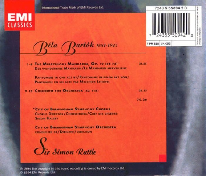 BARTOK - CONCERTO FOR ORCHESTRA (THE MIRACULOUS MANDARIN) SIR SIMON RATTLE(CD) (1994)