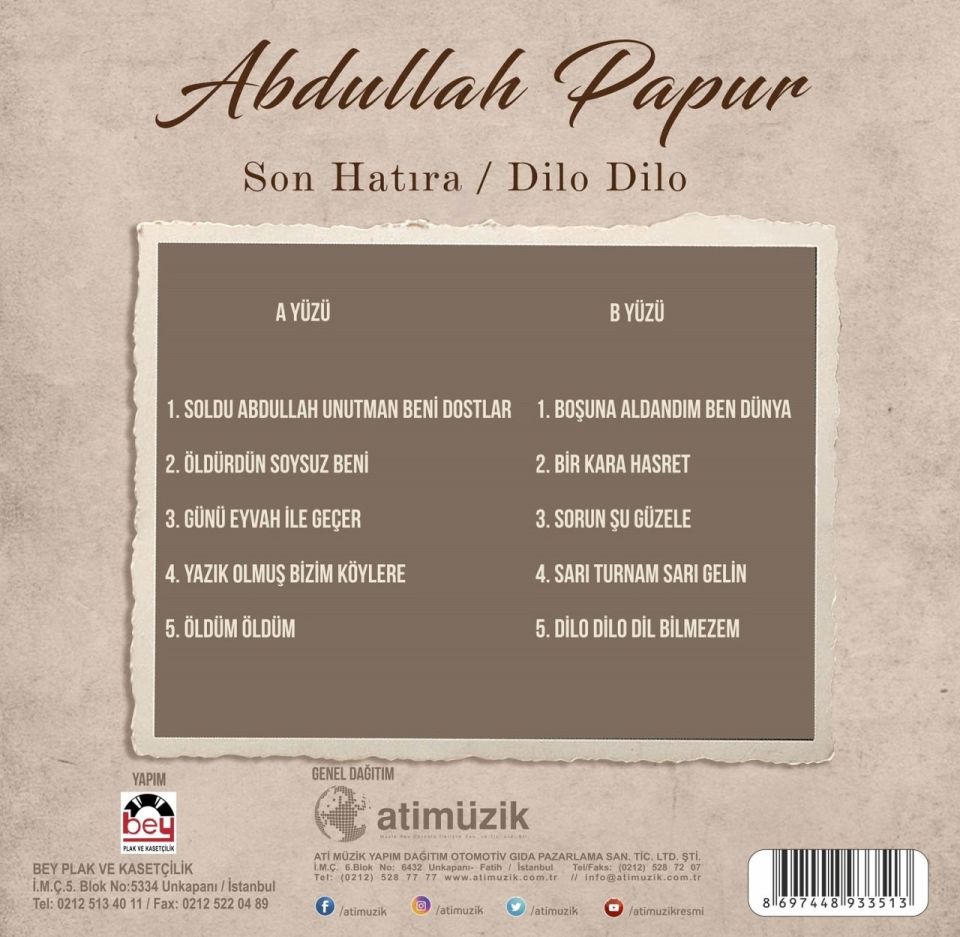 ABDULLAH PAPUR - SON HATIRA / DİLO DİLO (LP)