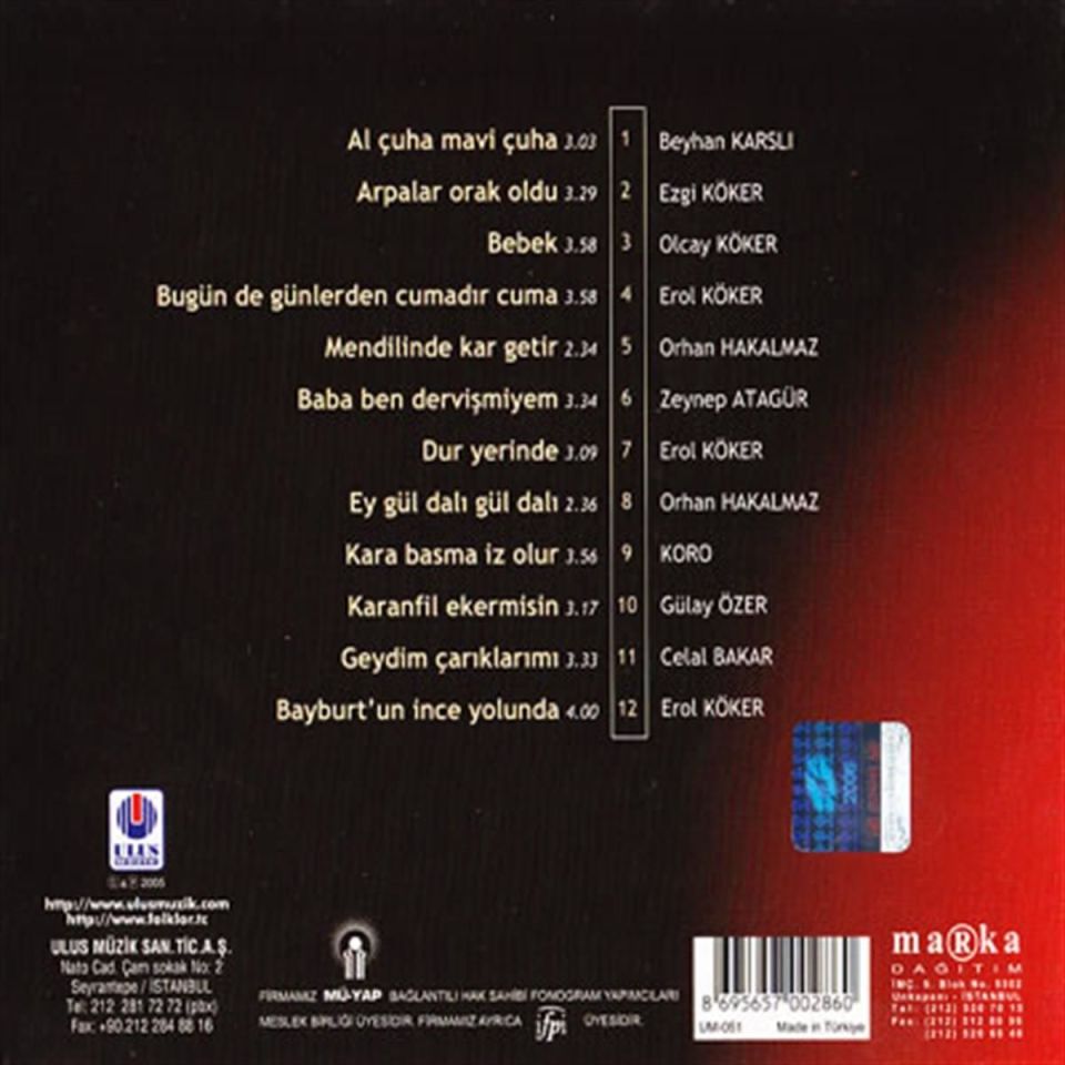 TÜRKÜLERLE TÜRKİYE   (TÜRKİYE WITH FOLK SONGS) 69 BAYBURT  (CD)