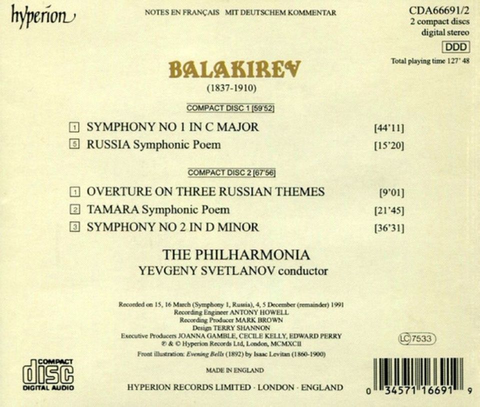 BALAKIREV - SYMPHONIES 1 AND 2  SYMPHONIC POEMS