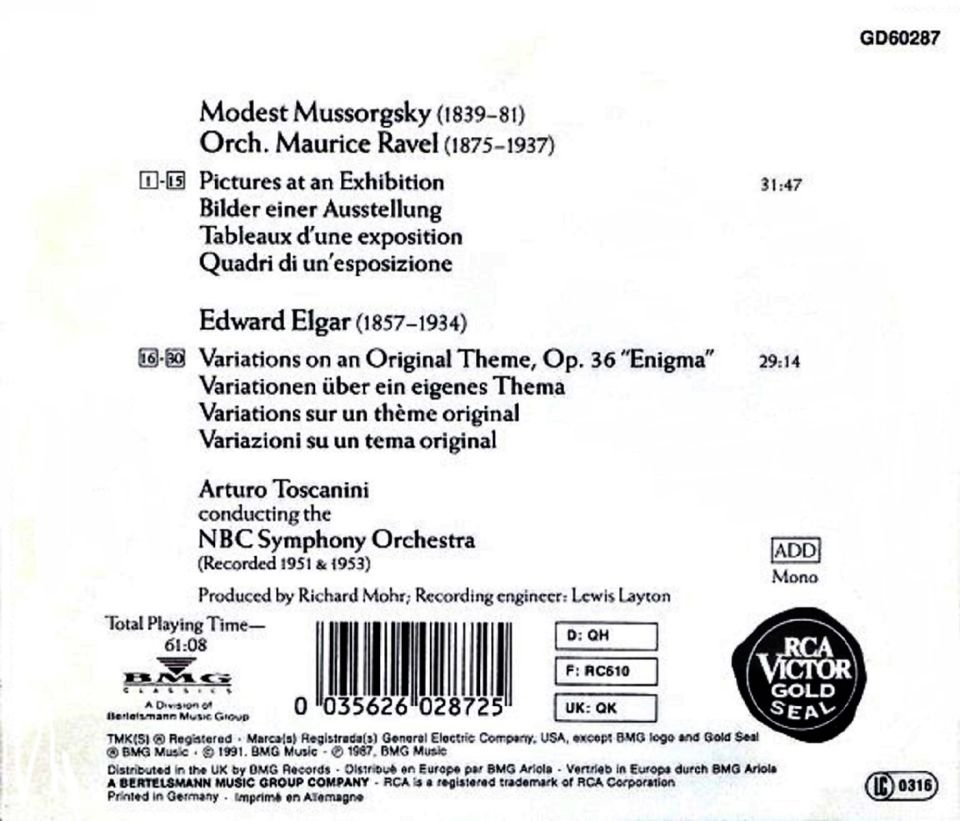 TOSCANINI ARTURO  - NBC SYMPHONY ORCHESTRA - MUSSORGSKY RAVEL PICTURES AT AN EXHIBITION ELGAR ENIGMA VARIATIONS
