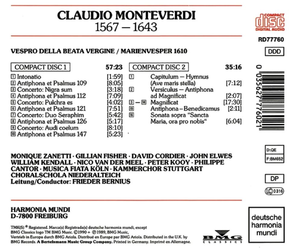 MONTEVERDI - VESPRO DELLA BEATA VERGINE (FRIEDER BERNIUS) (2 CD) (1990)