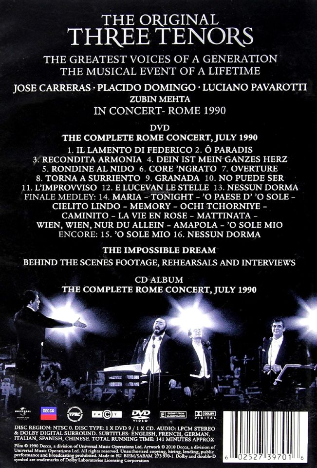 THE ORIGINAL THREE TENORS - IN CONCERT - ROME, 1990 (CD+DVD) (2010)