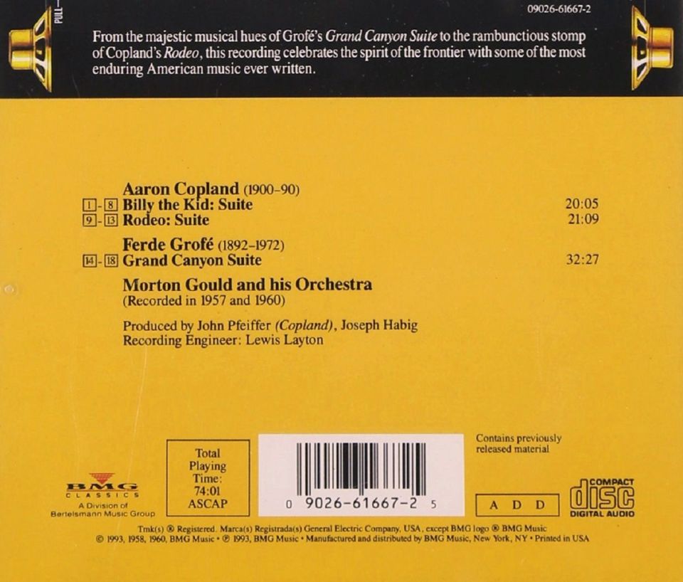 COPLAND - BILLY THE KID RODEO / GROFE GRAND CANYON SUITE (MORTON GOULD AND HIS ORCHESTRA ) (1993)