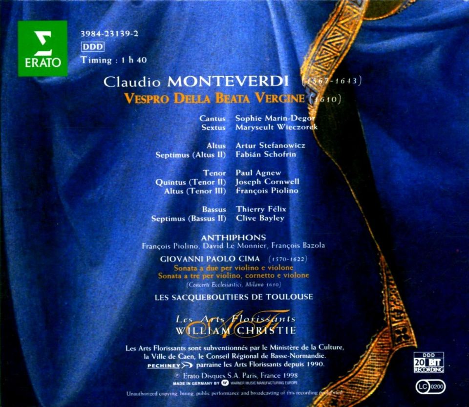 MONTEVERDI - VESPRO DELLA BEATA VERGINE WILLIAM CHRISTIE LES ARTS FLORISSANTS (CD) (2 CD) (1998)